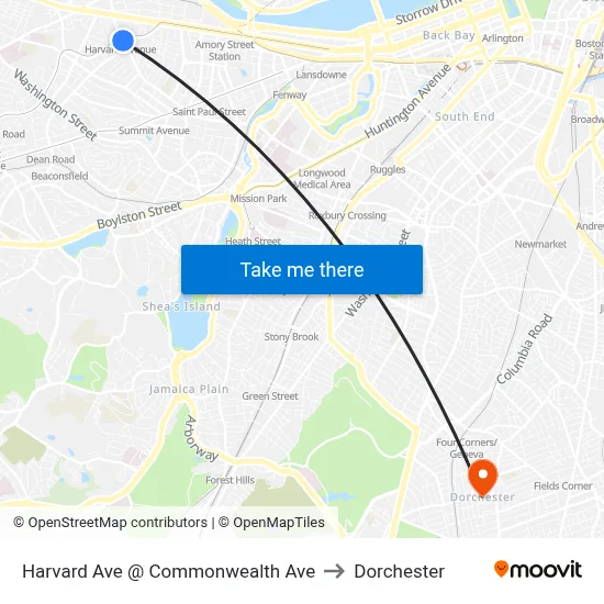 Harvard Ave @ Commonwealth Ave to Dorchester map