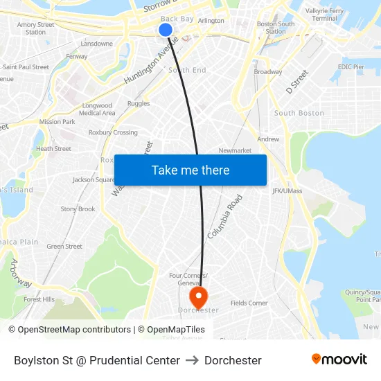 Boylston St @ Prudential Center to Dorchester map