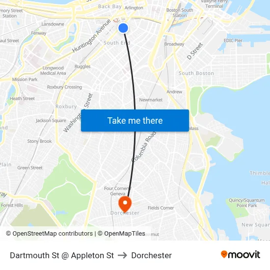 Dartmouth St @ Appleton St to Dorchester map