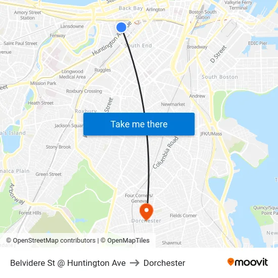 Belvidere St @ Huntington Ave to Dorchester map