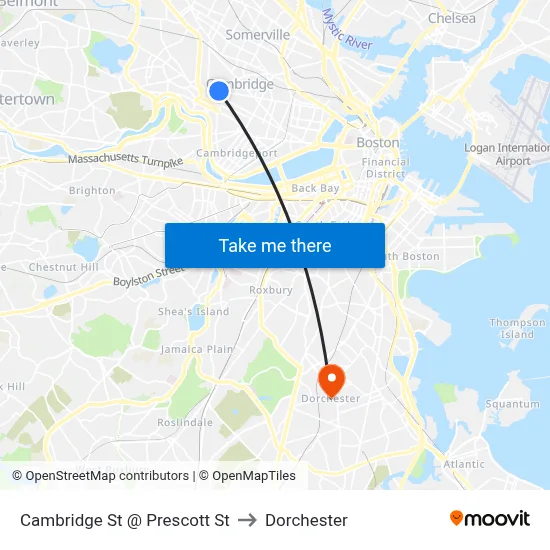 Cambridge St @ Prescott St to Dorchester map