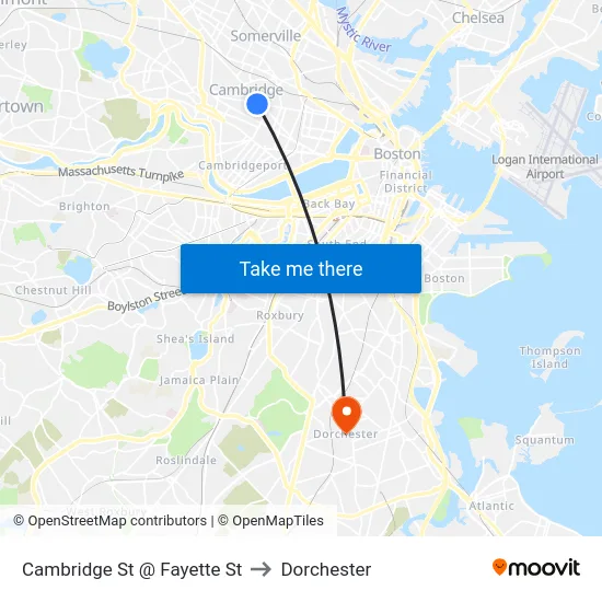 Cambridge St @ Fayette St to Dorchester map