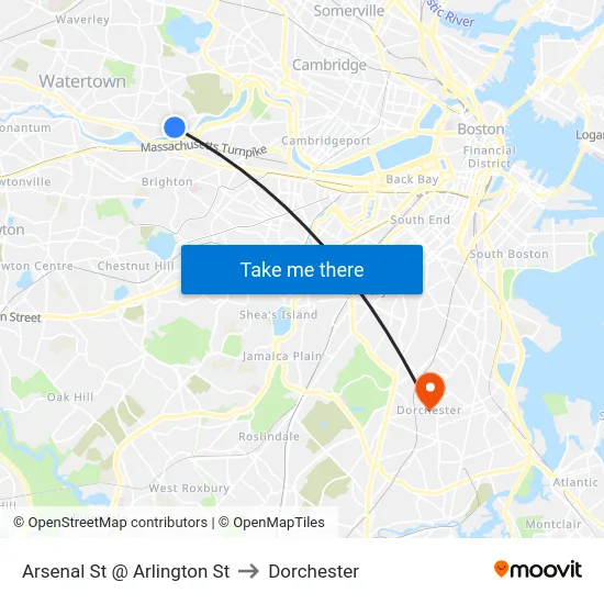 Arsenal St @ Arlington St to Dorchester map