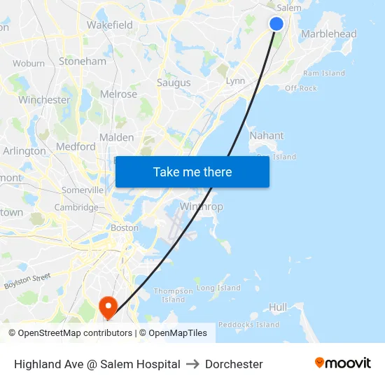 Highland Ave @ Salem Hospital to Dorchester map