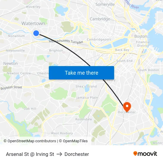 Arsenal St @ Irving St to Dorchester map