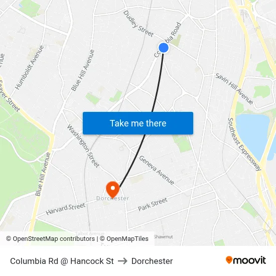 Columbia Rd @ Hancock St to Dorchester map