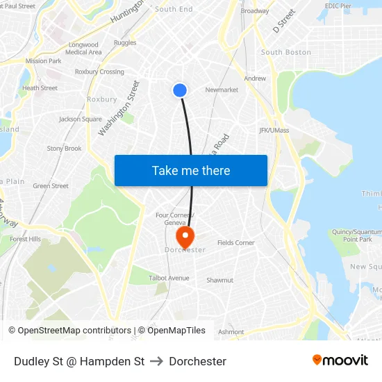 Dudley St @ Hampden St to Dorchester map