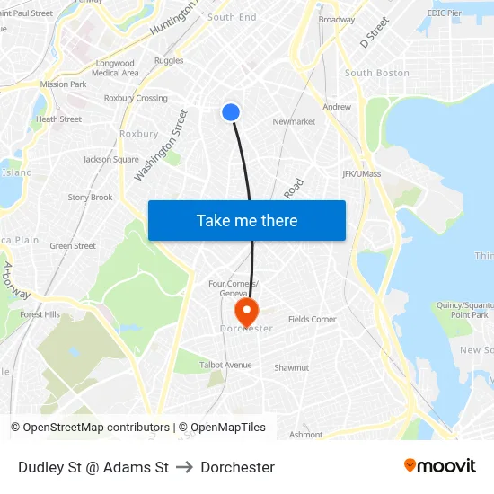 Dudley St @ Adams St to Dorchester map