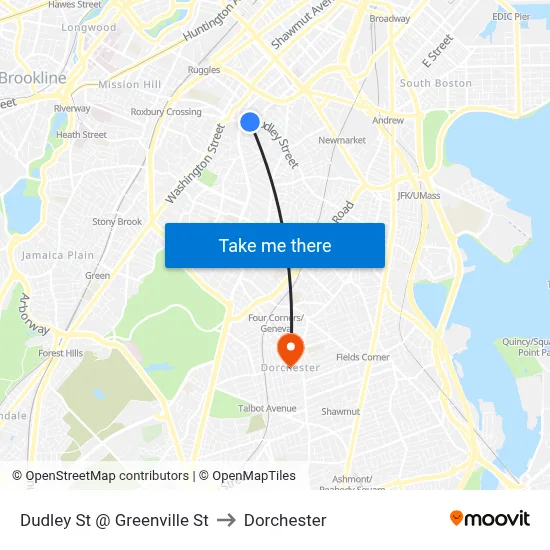 Dudley St @ Greenville St to Dorchester map