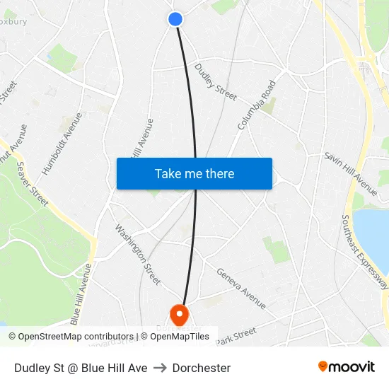 Dudley St @ Blue Hill Ave to Dorchester map