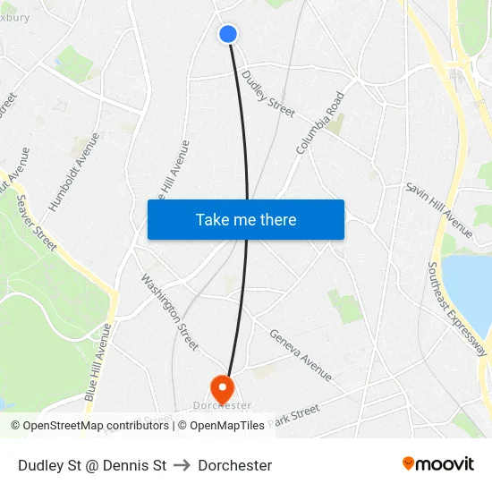 Dudley St @ Dennis St to Dorchester map