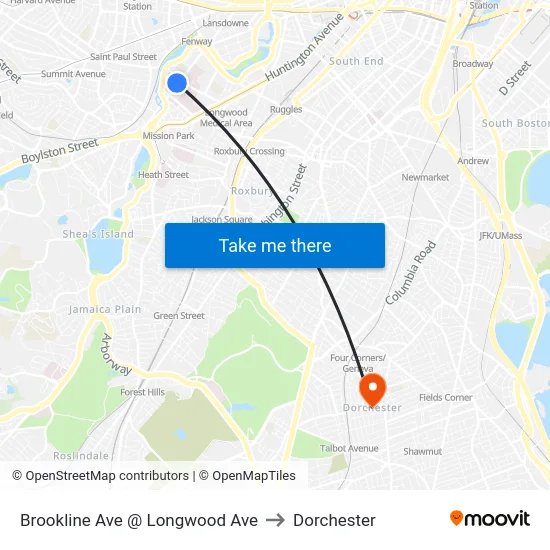 Brookline Ave @ Longwood Ave to Dorchester map