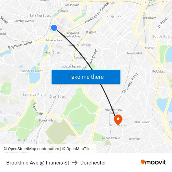 Brookline Ave @ Francis St to Dorchester map
