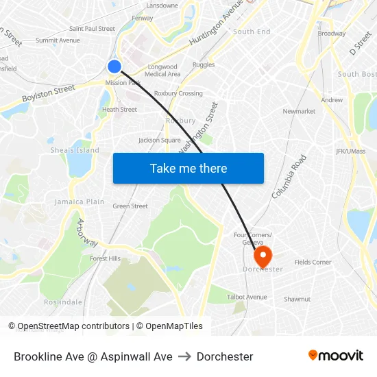 Brookline Ave @ Aspinwall Ave to Dorchester map