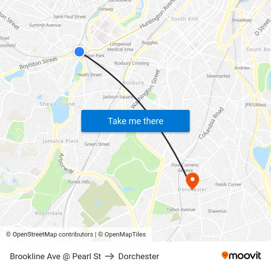 Brookline Ave @ Pearl St to Dorchester map