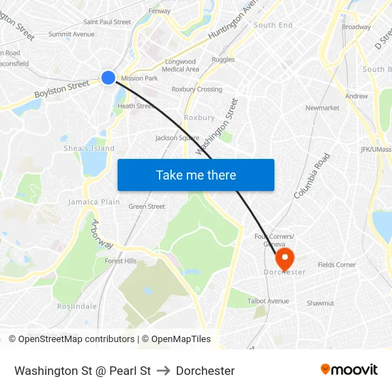 Washington St @ Pearl St to Dorchester map
