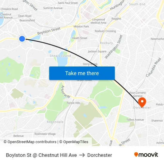 Boylston St @ Chestnut Hill Ave to Dorchester map