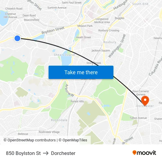 850 Boylston St to Dorchester map