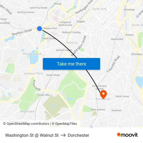 Washington St @ Walnut St to Dorchester map