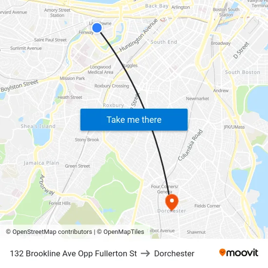 132 Brookline Ave Opp Fullerton St to Dorchester map
