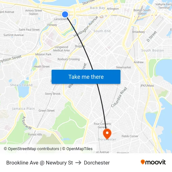 Brookline Ave @ Newbury St to Dorchester map