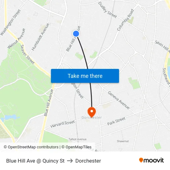 Blue Hill Ave @ Quincy St to Dorchester map