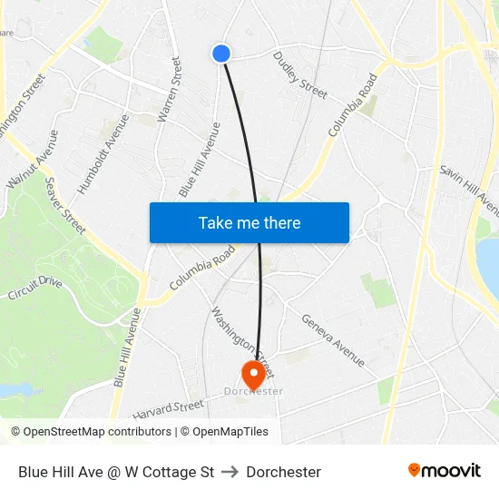 Blue Hill Ave @ W Cottage St to Dorchester map