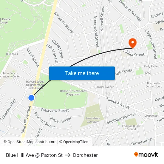 Blue Hill Ave @ Paxton St to Dorchester map