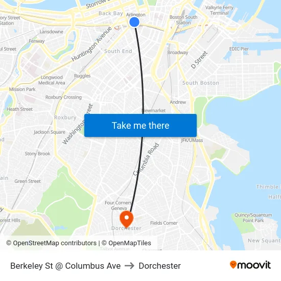 Berkeley St @ Columbus Ave to Dorchester map