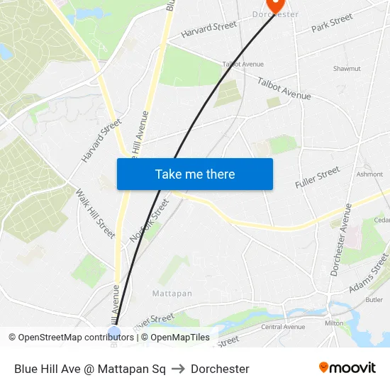 Blue Hill Ave @ Mattapan Sq to Dorchester map