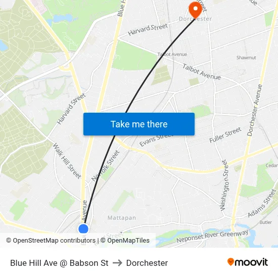 Blue Hill Ave @ Babson St to Dorchester map