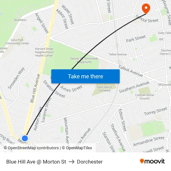 Blue Hill Ave @ Morton St to Dorchester map