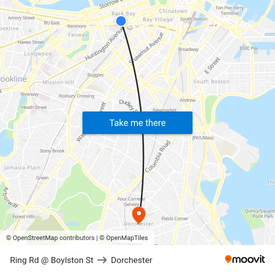 Ring Rd @ Boylston St to Dorchester map