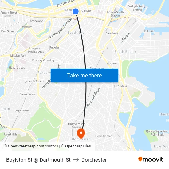 Boylston St @ Dartmouth St to Dorchester map