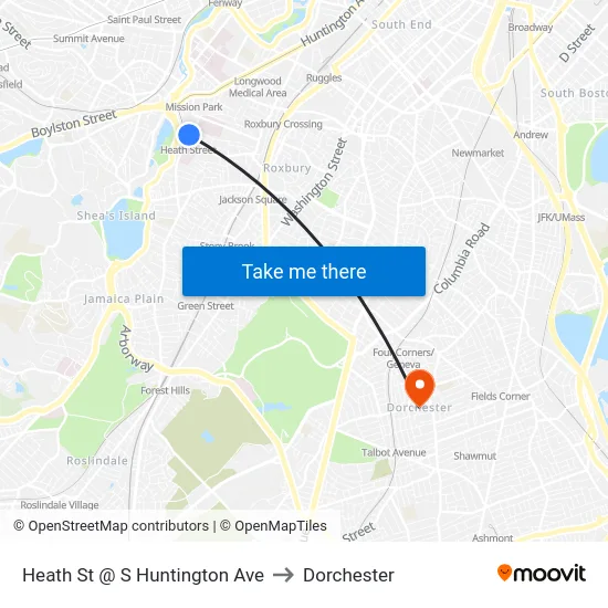 Heath St @ S Huntington Ave to Dorchester map