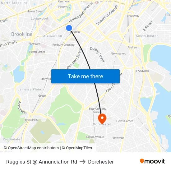 Ruggles St @ Annunciation Rd to Dorchester map