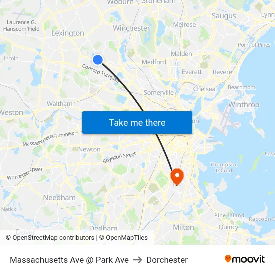 Massachusetts Ave @ Park Ave to Dorchester map