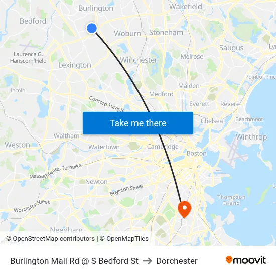 Burlington Mall Rd @ S Bedford St to Dorchester map