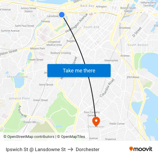 Ipswich St @ Lansdowne St to Dorchester map