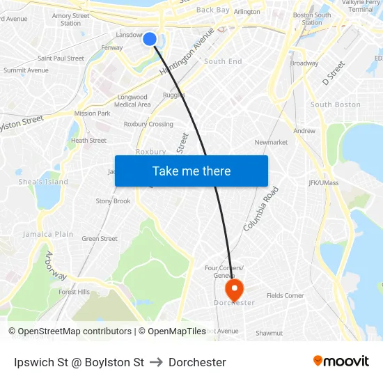 Ipswich St @ Boylston St to Dorchester map