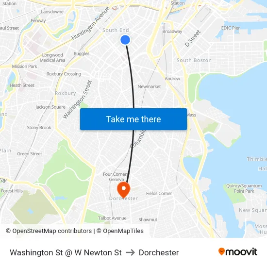 Washington St @ W Newton St to Dorchester map