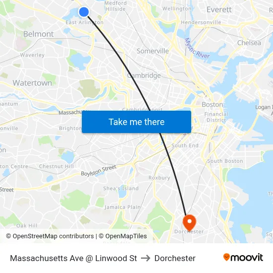 Massachusetts Ave @ Linwood St to Dorchester map