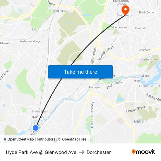 Hyde Park Ave @ Glenwood Ave to Dorchester map