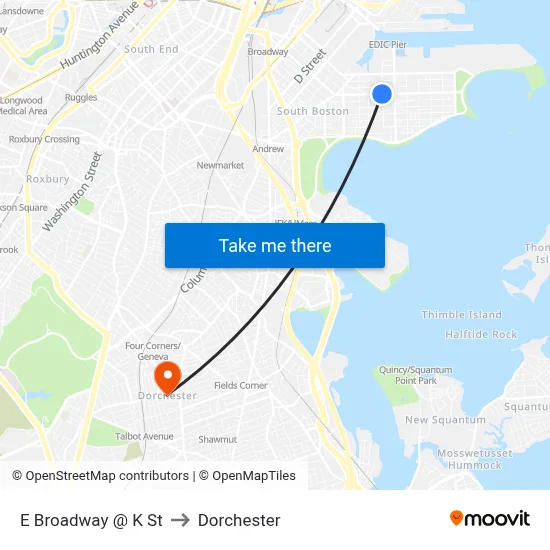 E Broadway @ K St to Dorchester map