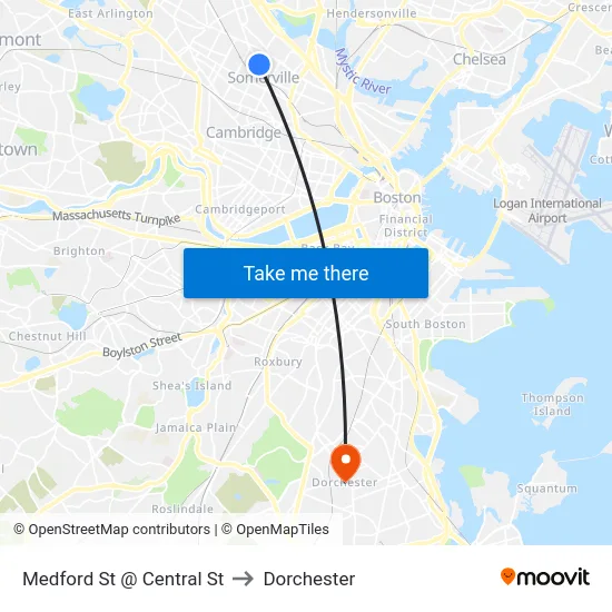 Medford St @ Central St to Dorchester map