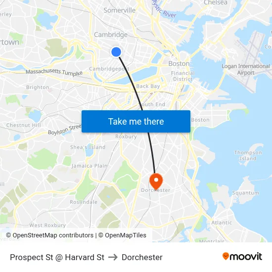Prospect St @ Harvard St to Dorchester map