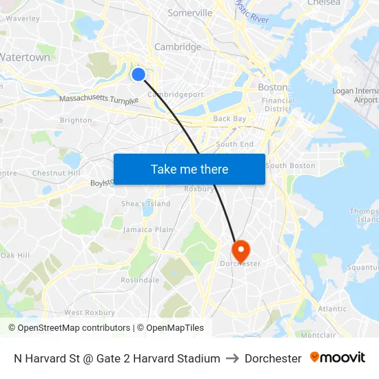 N Harvard St @ Gate 2 Harvard Stadium to Dorchester map