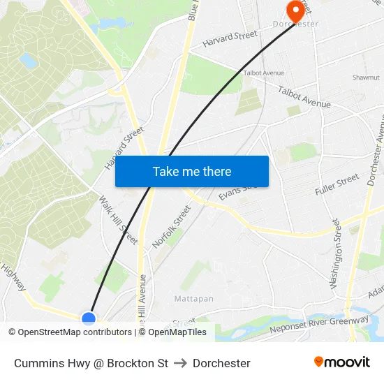 Cummins Hwy @ Brockton St to Dorchester map