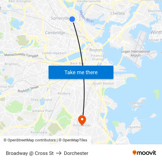 Broadway @ Cross St to Dorchester map