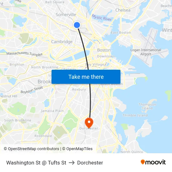 Washington St @ Tufts St to Dorchester map